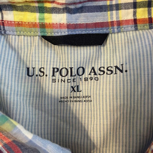 US Polo Assn Mens XL Plaid Button Down Shirt Short Sleeve Blue Yellow Cotton - Picture 3 of 8